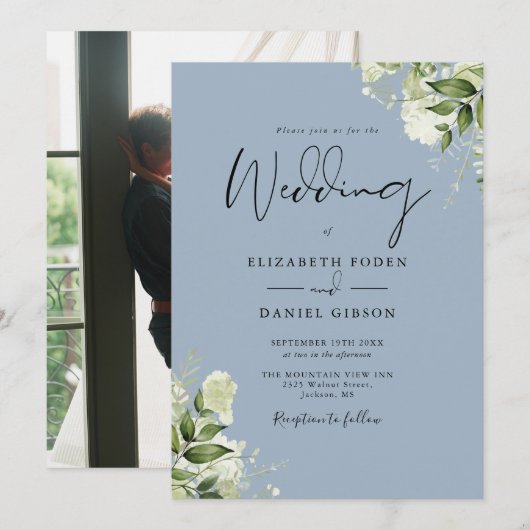 Invitation Mariage photo Feuille Dusty Blue élégant (Devant / Derrière)