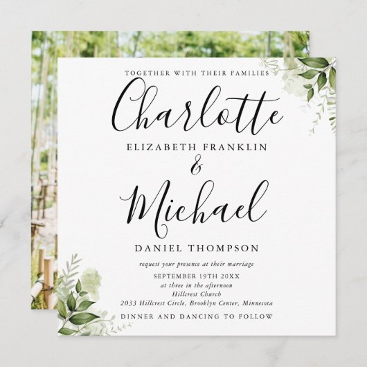 Invitation Mariage photo Feuille Élégant Script (Devant / Derrière)