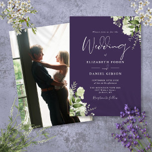 Invitation Mariage photo Feuille Purple Elegant Green
