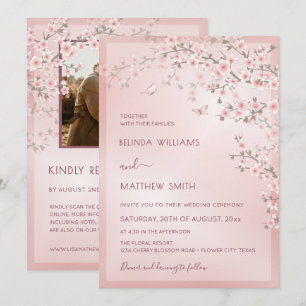 Invitation Mariage Photo Fleur de Cerisier Rose Tendre