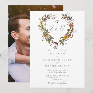 Invitation Mariage Photo Fleur de Coeur Rustique Vert Sauge