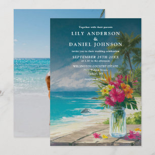 Invitation Mariage Photo Fleur Jar Mason de Plage Tropicale