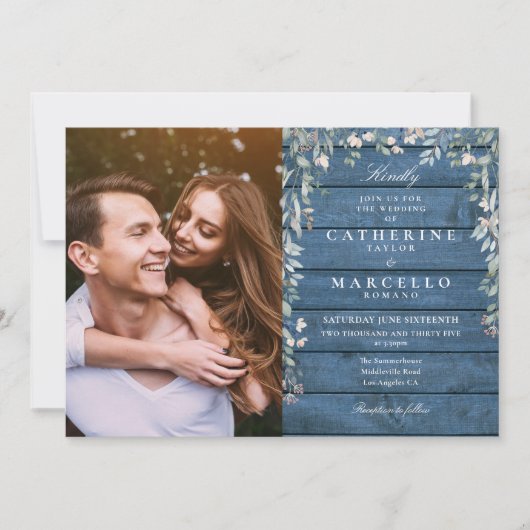 Invitation Mariage photo Fleur sauvage Blue Rustic Wood (Devant)