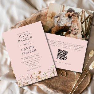 Invitation Mariage photo Fleur sauvage de code QR rose vif