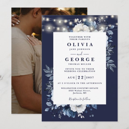 Invitation Mariage Photo Fleurs Guirlande Rustique Bleu Marin (Devant / Derrière)