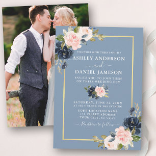 Invitation Mariage Photo Fleurs Rose Pâle Bleu Poussiéreux Or