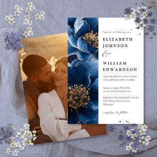 Invitation Mariage photo floral bleu et or de la marine moder