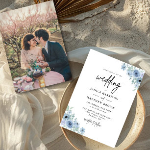 Invitation Mariage Photo Floral Bleu Poussiéreux de Style Rét