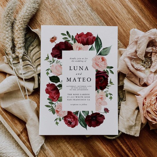 Invitation Mariage photo floral Bourgogne et bleu