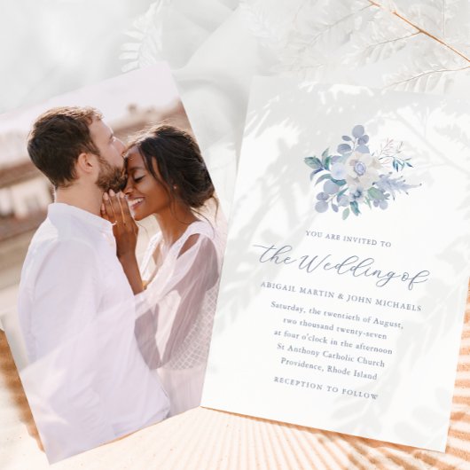 Invitation Mariage photo floral Chic Blue Airy