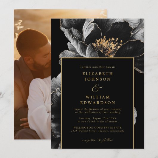 Invitation Mariage Photo Floral Chic Et Noir Et Or (Devant / Derrière)