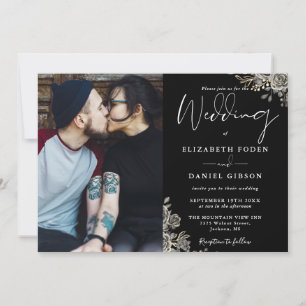 Invitation Mariage photo floral de roses gothiques noir et bl