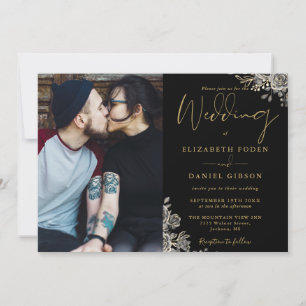Invitation Mariage photo floral de roses gothiques noir et or