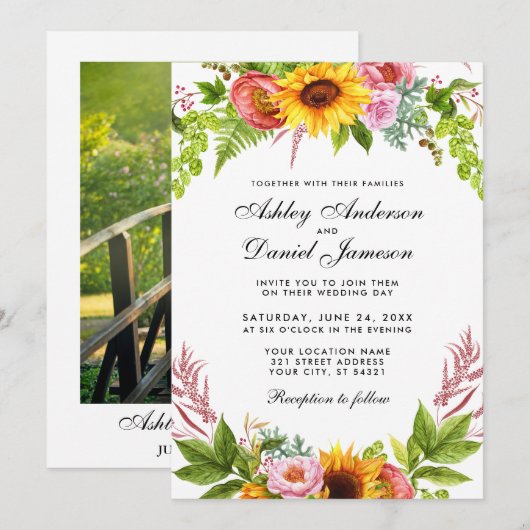 Invitation Mariage photo floral de tournesol d'aquarelle (Devant / Derrière)