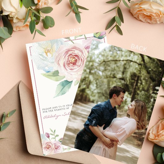 Invitation Mariage photo floral doux et romantique vert rose
