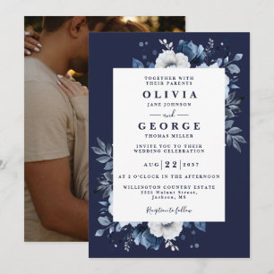 Invitation Mariage Photo Floral Élégant Bleu Marine Rustique