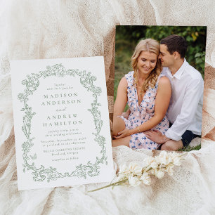 Invitation Mariage photo floral élégant vert sauge victorien
