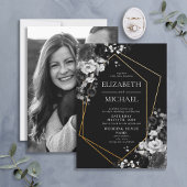 Invitation Mariage photo floral géométrique moderne Black Gol