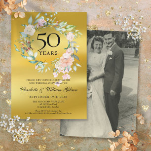 Invitation Mariage Photo Floral Gold Foil 50e anniversaire