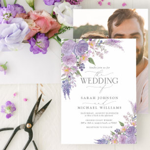 Invitation Mariage photo floral moderne Lilac Lavender Mauve