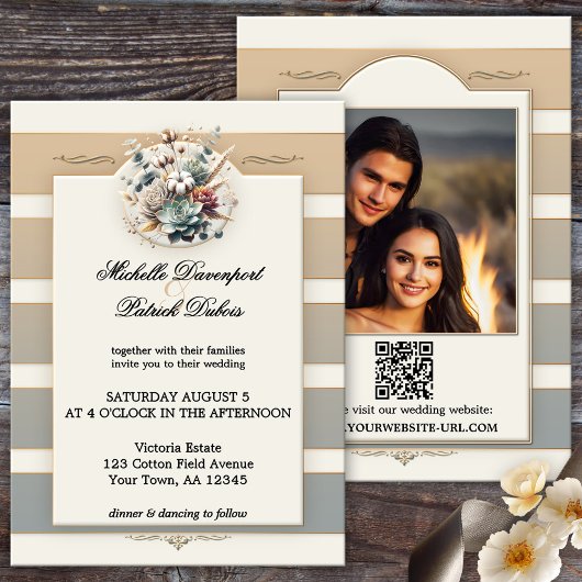 Invitation Mariage photo floral rayé de ton de la Terre