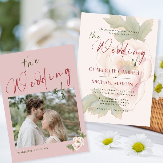 Invitation Mariage photo floral Romantic Blush Pink