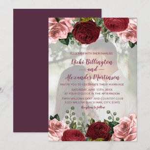 Invitation Mariage photo floral rose poudré Bourgogne romanti