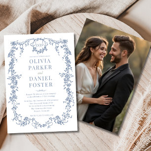 Invitation Mariage photo Floral Victorian Bleu Poussiéreux Fr