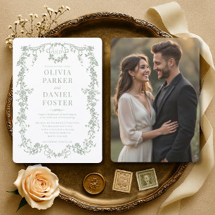 Invitation Mariage photo floral victorien français vert sauge