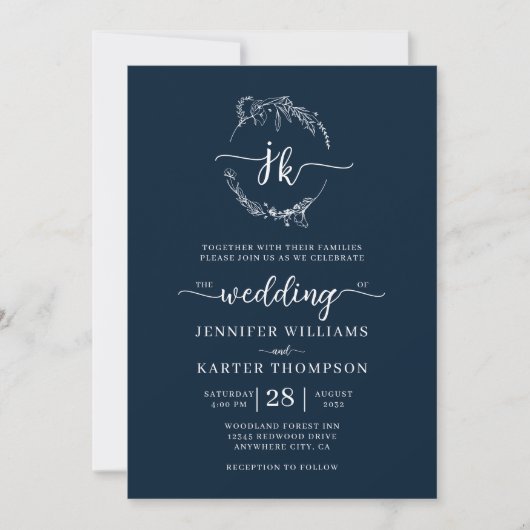 Invitation Mariage photo Floral Wreath Navy Blue Monogram (Devant)
