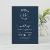 Invitation Mariage photo Floral Wreath Navy Blue Monogram (Debout devant)