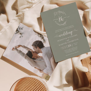 Invitation Mariage photo Floral Wreath Sage vert Monogramme