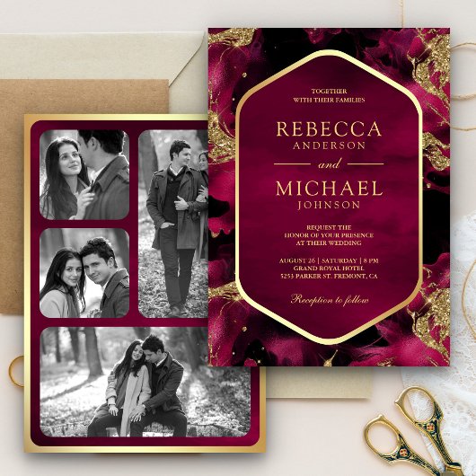 Invitation Mariage photo Fuchsia Pink Gold Abstrait à encre l