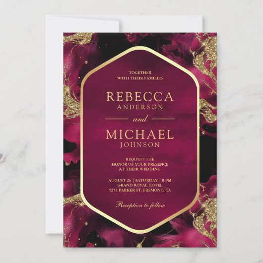 Invitation Mariage photo Fuchsia Pink Gold Abstrait à encre l (Devant)