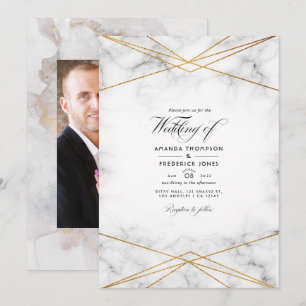 Invitation Mariage photo géométrique en marbre doré