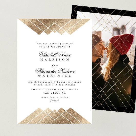 Invitation Mariage photo Géométrique Noir Or Calligraphie
