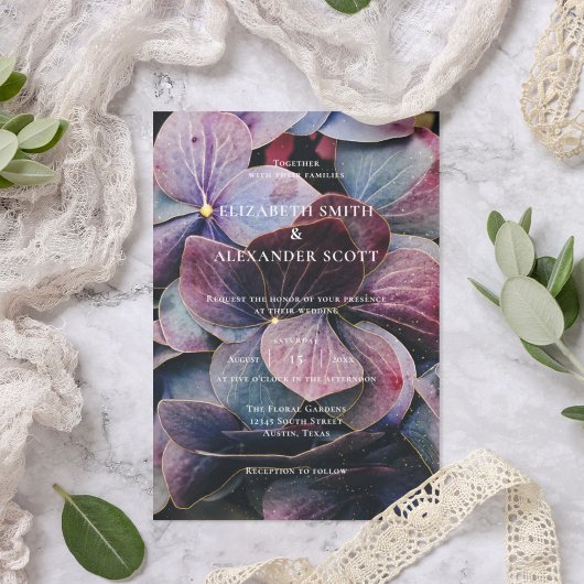 Invitation Mariage photo Gold Blue Lavender Purple Hydrangeas