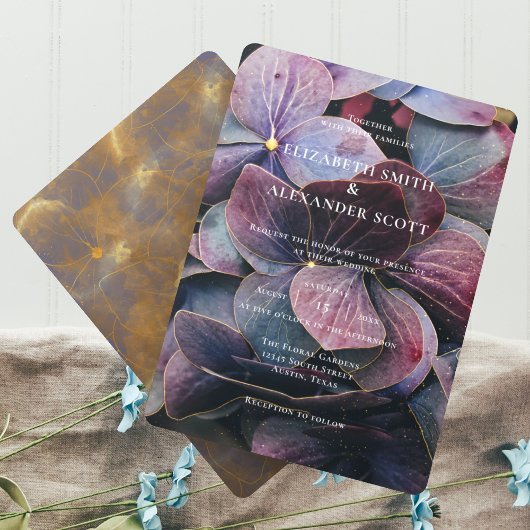 Invitation Mariage photo Gold Blue Lavender Purple Hydrangeas