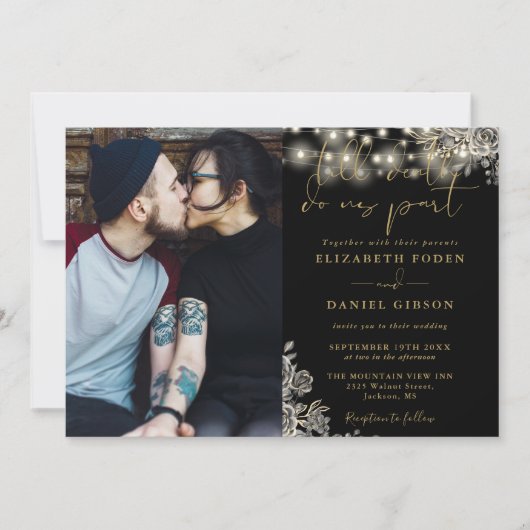 Invitation Mariage photo gothique noir et or (Devant)