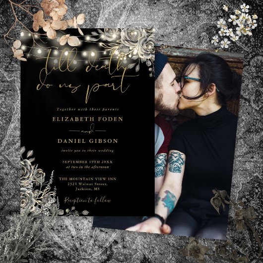 Invitation Mariage photo gothique Noir et Or Roses