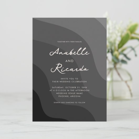 Invitation Mariage photo Gray noir Wavy Geometry QR Code (Debout devant)