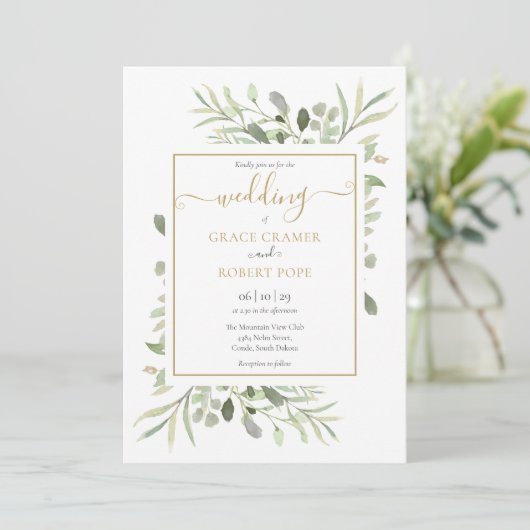Invitation Mariage photo Green Elegant Gold Script (Debout devant)