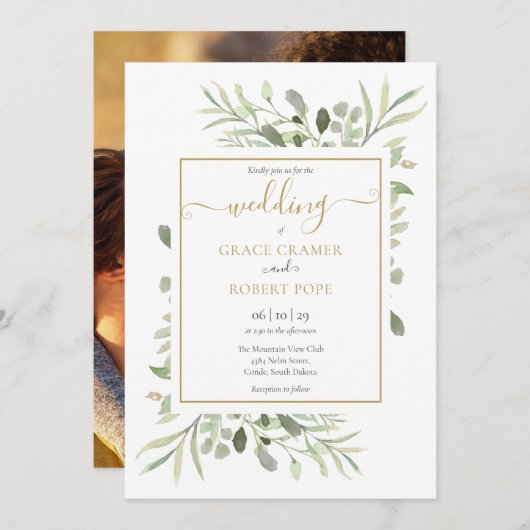 Invitation Mariage photo Green Elegant Gold Script (Devant / Derrière)