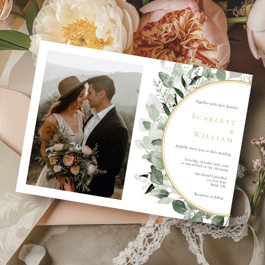 Invitation Mariage photo horizontal Eucalyptus Green Gold