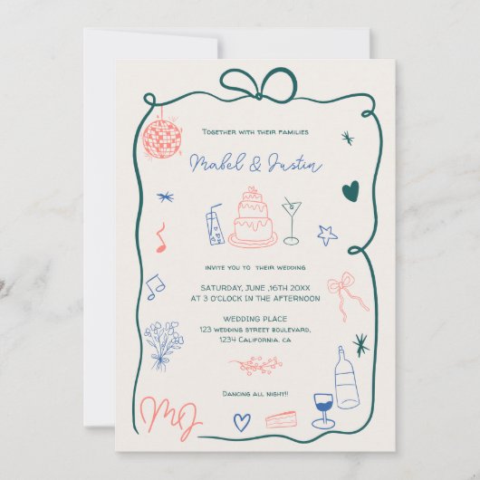 Invitation Mariage photo illustré avec ruban rétro initiaux (Devant)