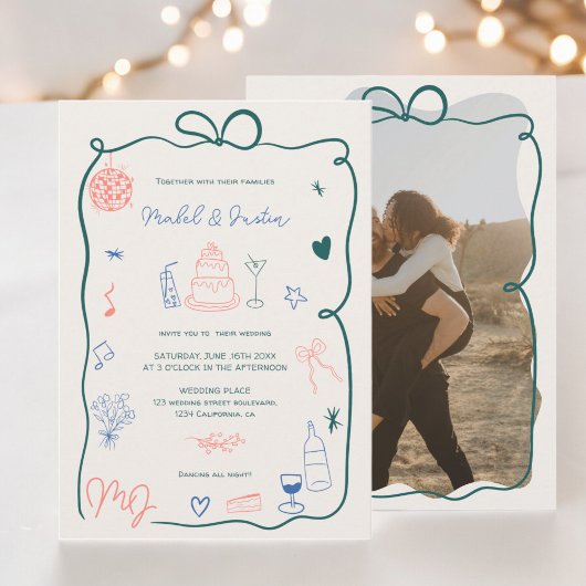 Invitation Mariage photo illustré avec ruban rétro initiaux