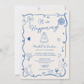 Invitation Mariage photo illustré en bleu français dessiné à (Devant)