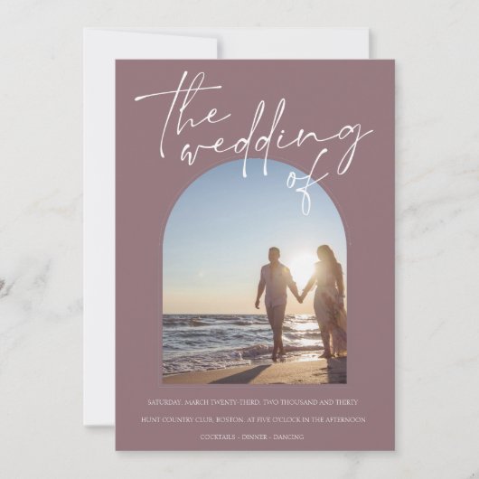 Invitation Mariage photo initial moderne Plum Purple Arch (Devant)
