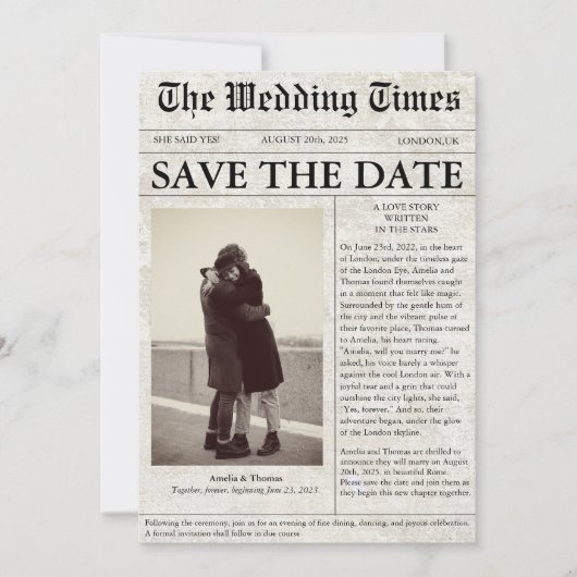 Invitation mariage photo journal unique enregistrer la date (Devant)