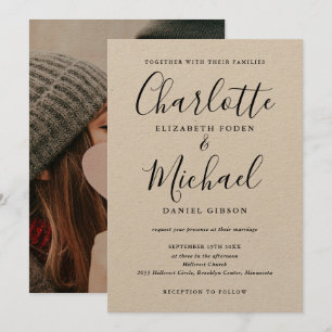 Invitation Mariage photo Kraft rustique écriture signature no